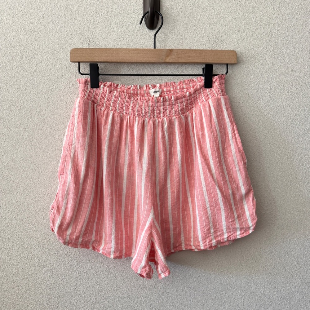 AERIE Womens Linen Blend Striped Smocked Shorts Size Medium Coastal Beachy Boho